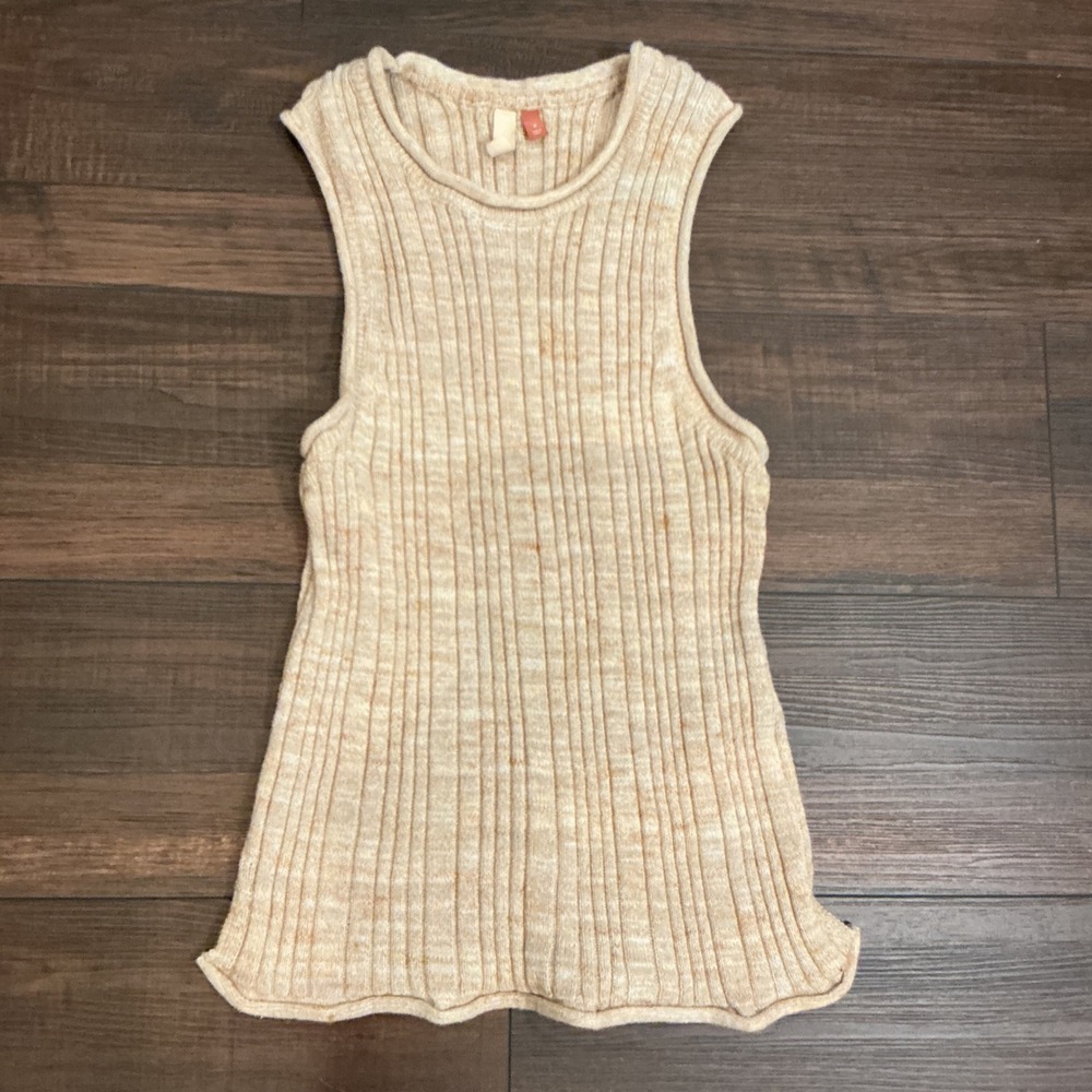Pilcro Anthropologie Knit Tank Top Beige Cotton Silk Ribbed Lettuce Hem Medium